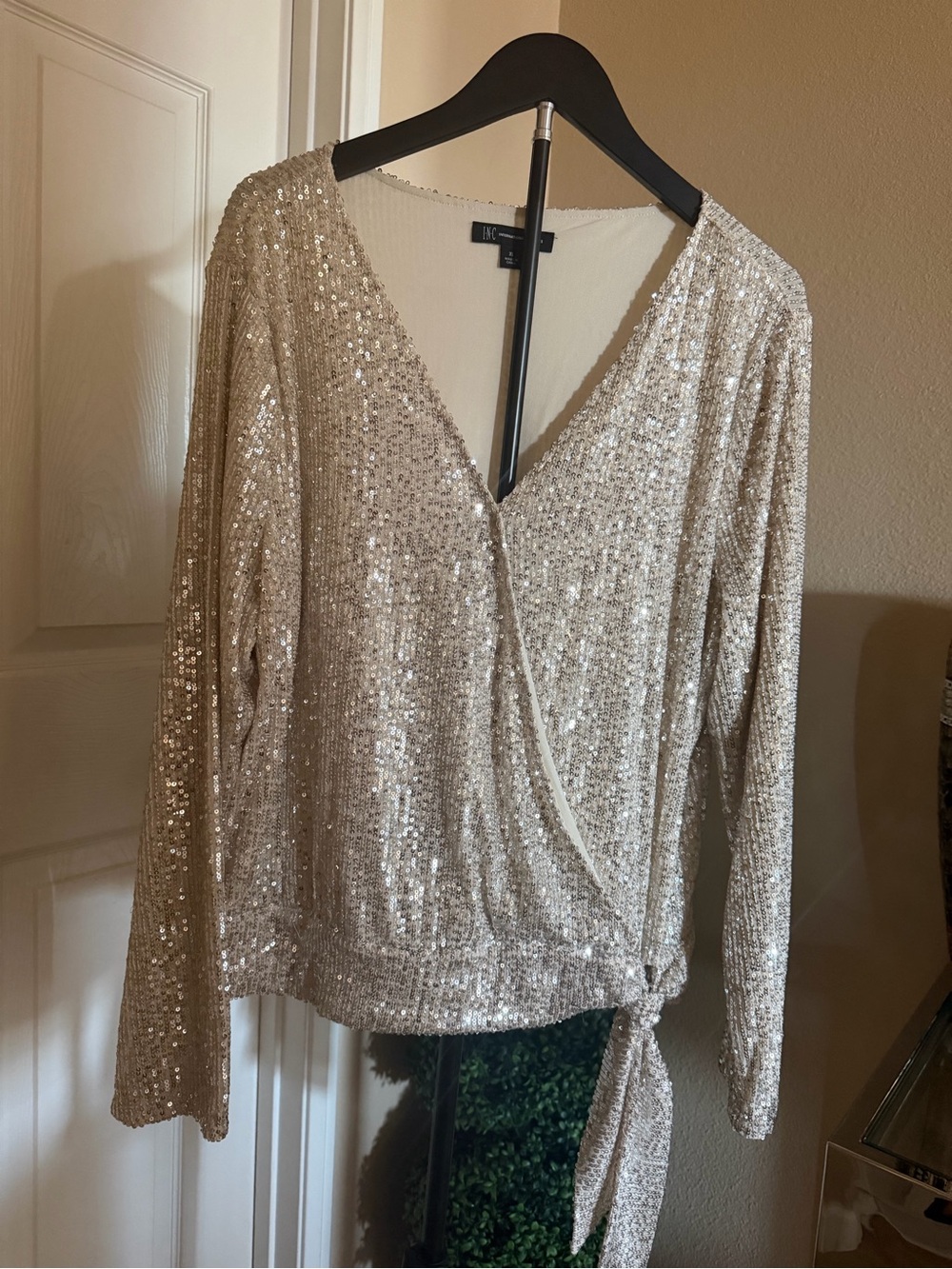 INC International Concepts Champagne Sequin Wrap Top with Side Tie